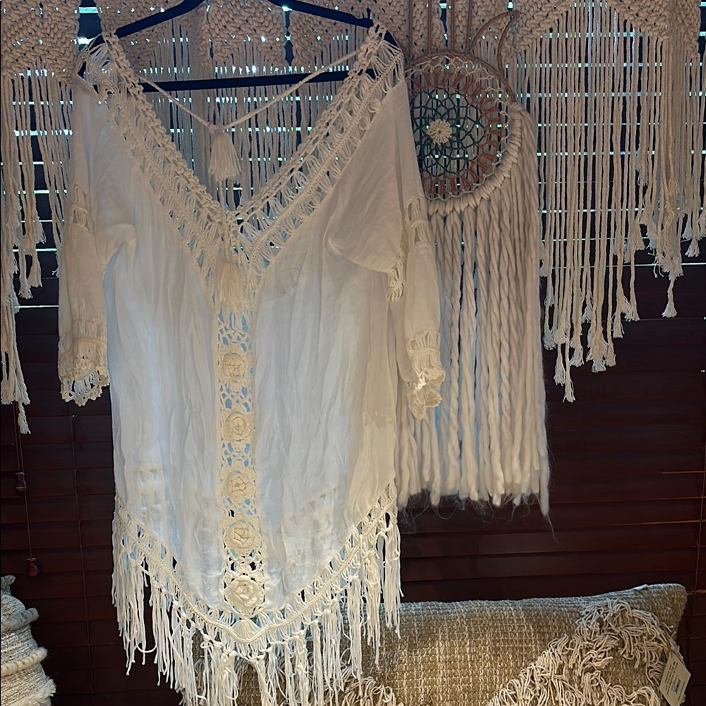 Boho crochet cover up tunic top 3/4 sleeves fringe white large